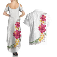 Hawaiian Plumeria and Hibiscus Couples Matching Summer Maxi Dress and Hawaiian Shirt White Mode