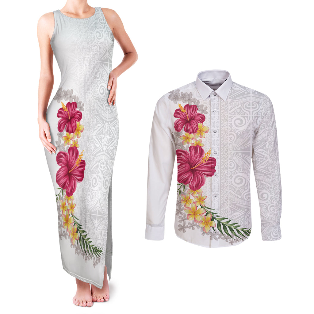 Hawaiian Plumeria and Hibiscus Couples Matching Tank Maxi Dress and Long Sleeve Button Shirt White Mode