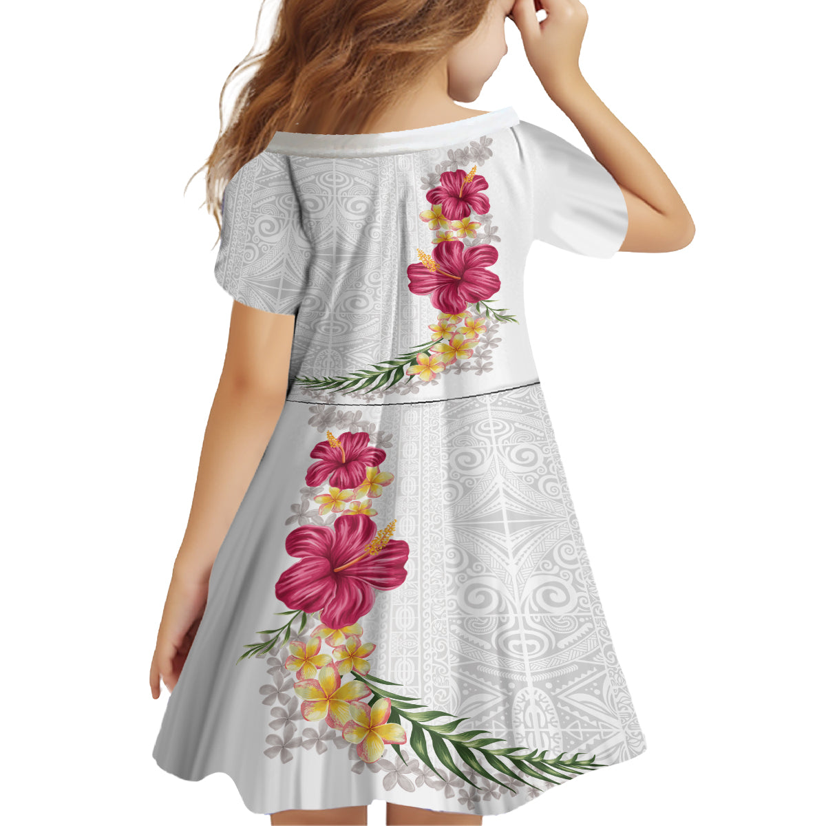 Hawaiian Plumeria and Hibiscus Family Matching Off The Shoulder Long Sleeve Dress and Hawaiian Shirt White Mode
