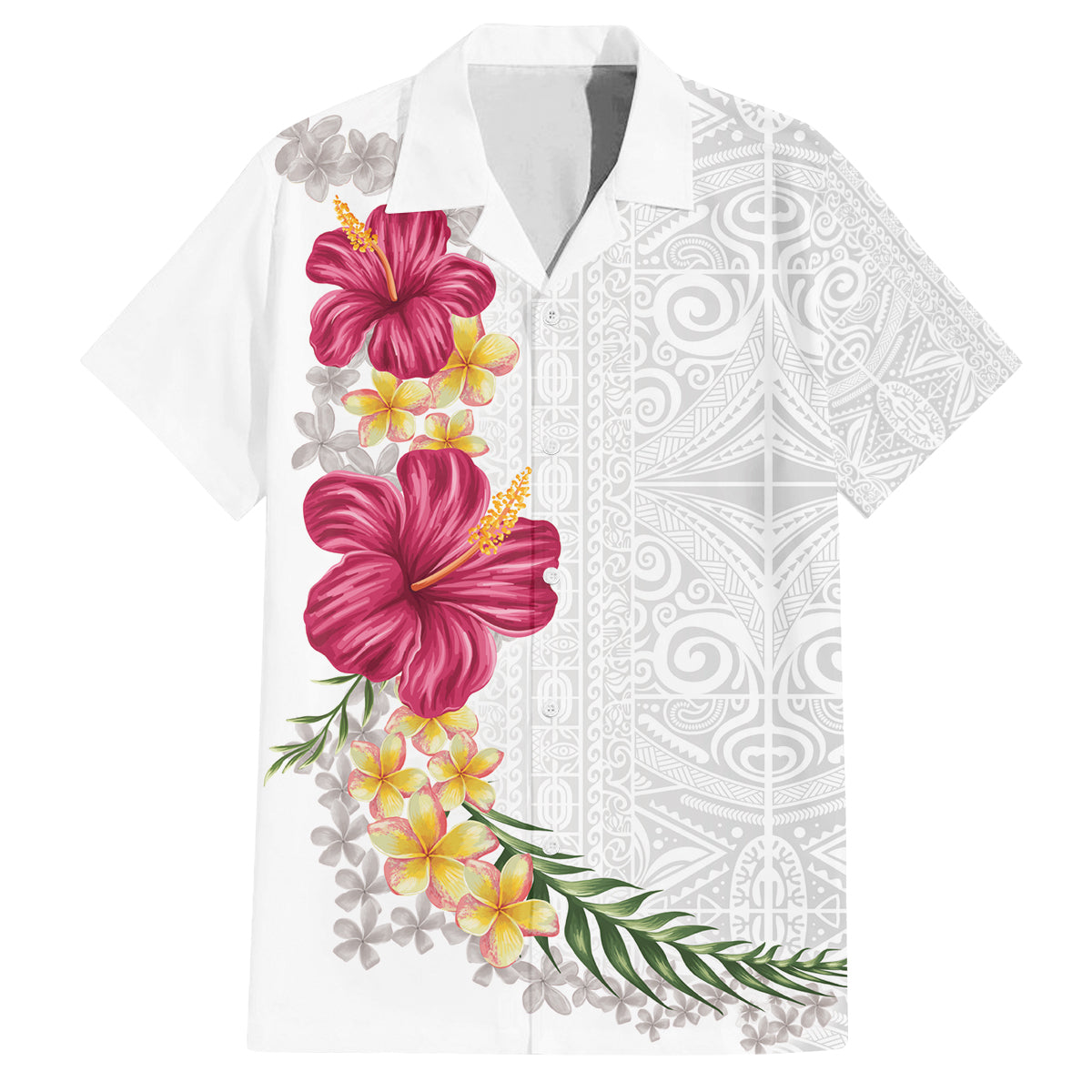 Hawaiian Plumeria and Hibiscus Family Matching Off The Shoulder Long Sleeve Dress and Hawaiian Shirt White Mode