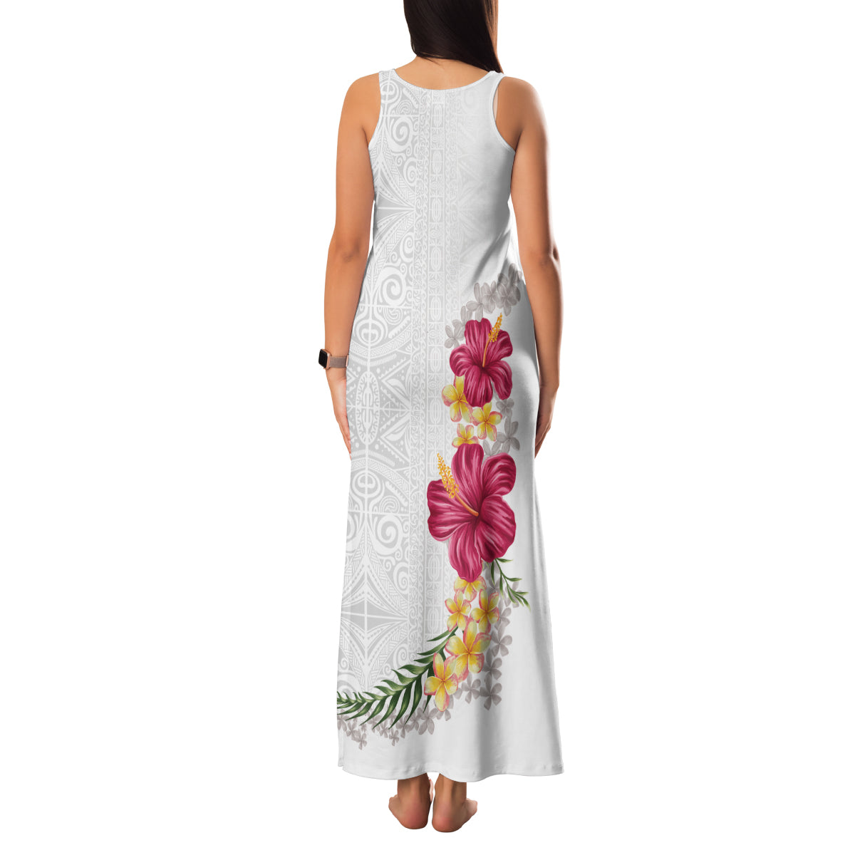 Hawaiian Plumeria and Hibiscus Family Matching Tank Maxi Dress and Hawaiian Shirt White Mode
