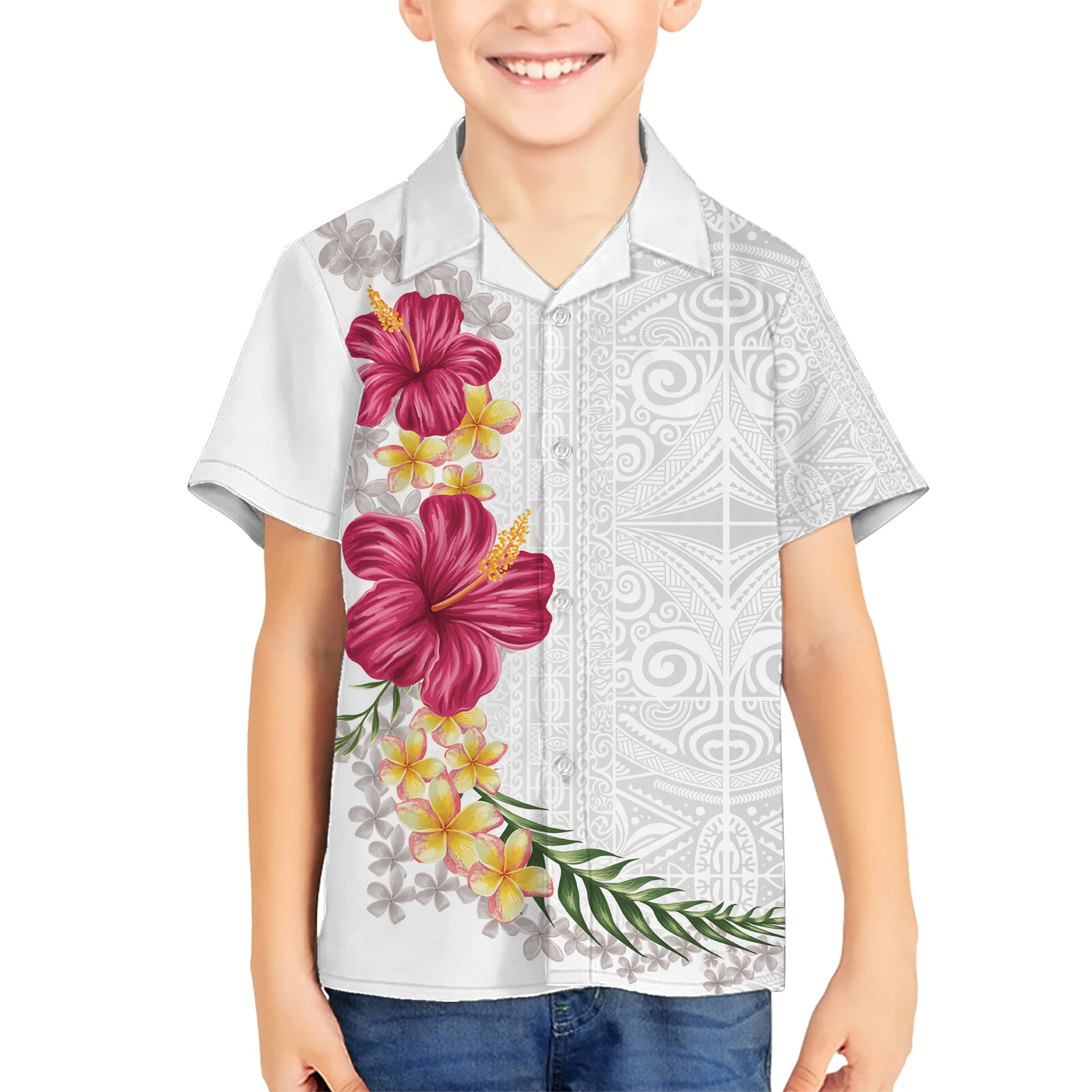 Hawaiian Plumeria and Hibiscus Kid Hawaiian Shirt White Mode