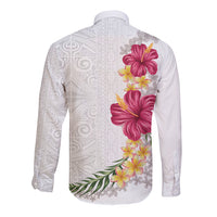 Hawaiian Plumeria and Hibiscus Long Sleeve Button Shirt White Mode