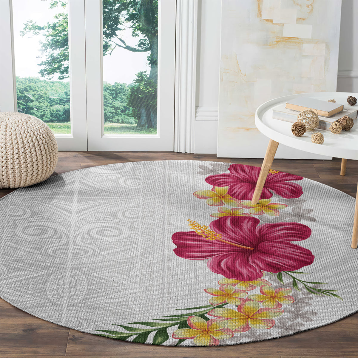 Hawaiian Plumeria and Hibiscus Round Carpet White Mode