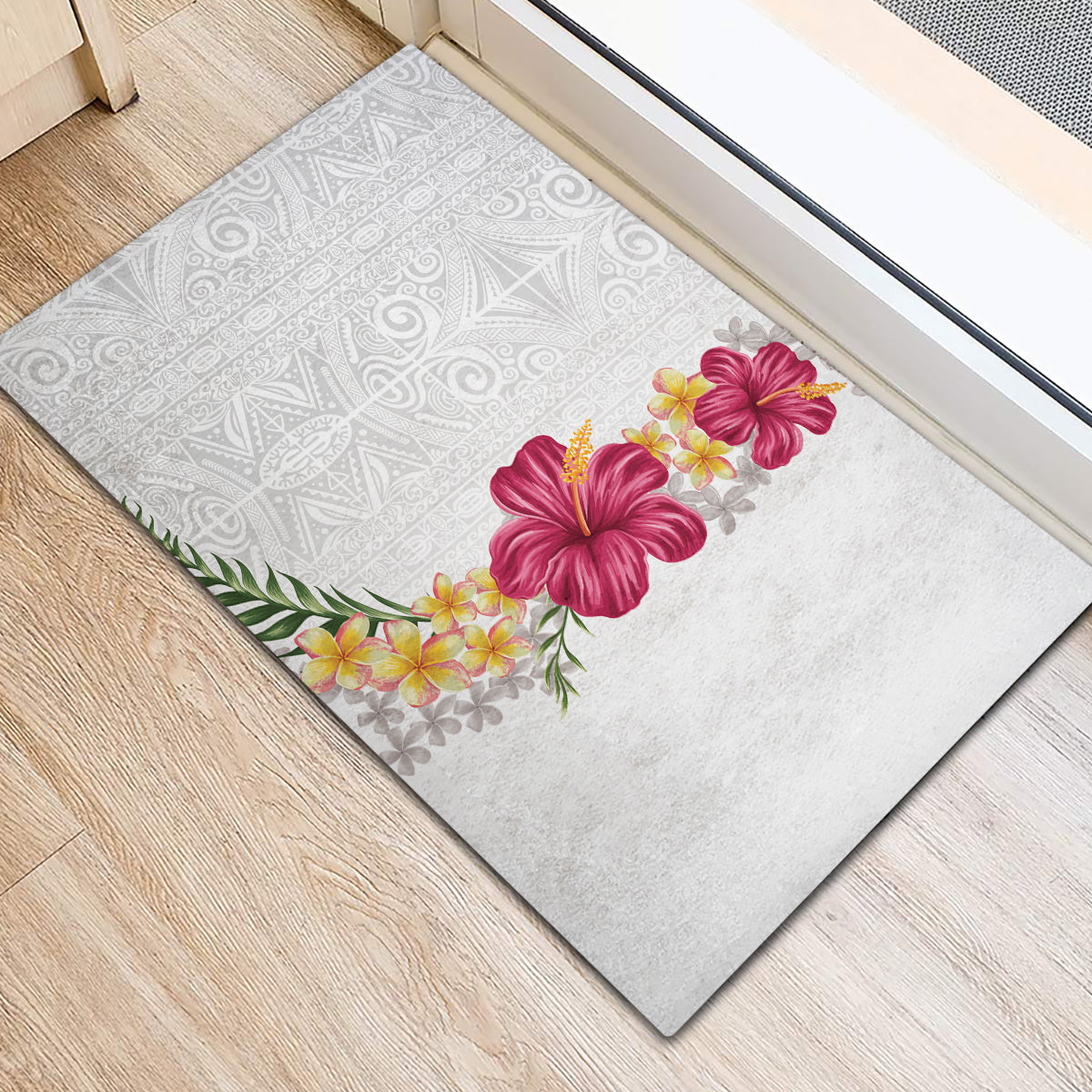 Hawaiian Plumeria and Hibiscus Rubber Doormat White Mode