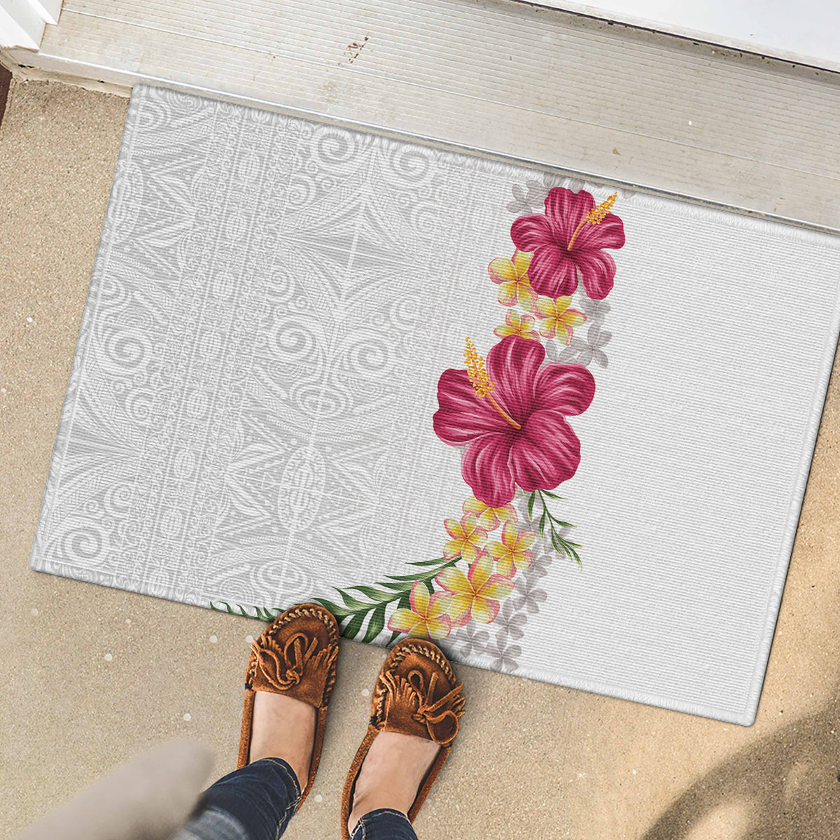 Hawaiian Plumeria and Hibiscus Rubber Doormat White Mode