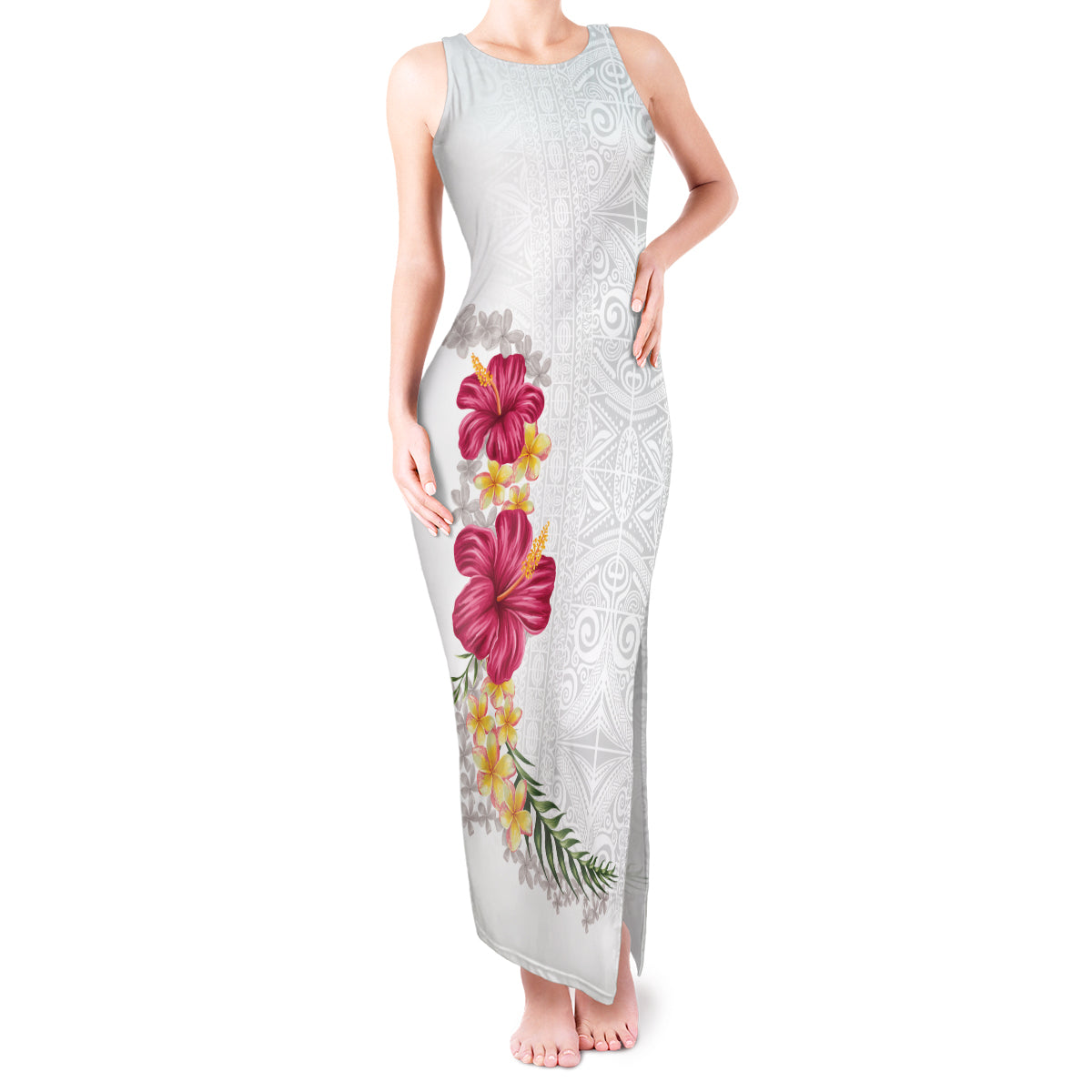 Hawaiian Plumeria and Hibiscus Tank Maxi Dress White Mode