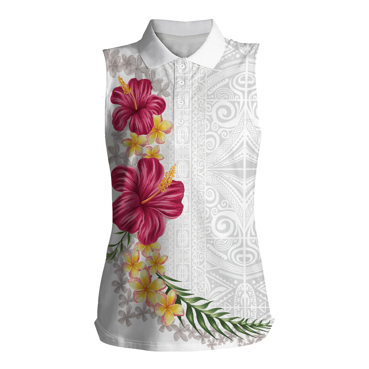 Hawaiian Plumeria and Hibiscus Women Sleeveless Polo Shirt White Mode