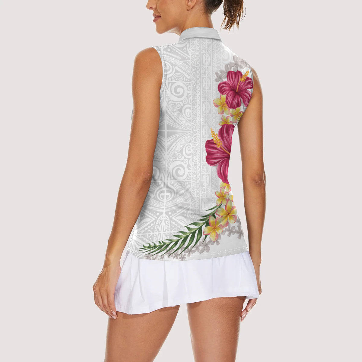 Hawaiian Plumeria and Hibiscus Women Sleeveless Polo Shirt White Mode