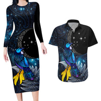 New Zealand Tui Bird Matariki Couples Matching Long Sleeve Bodycon Dress and Hawaiian Shirt Galaxy Fern With Maori Pattern LT03 Blue - Polynesian Pride