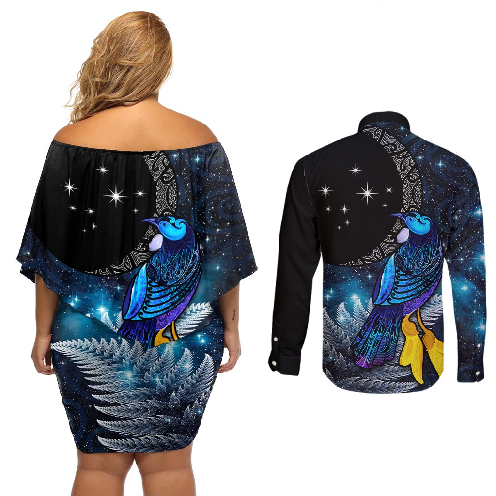 New Zealand Tui Bird Matariki Couples Matching Off Shoulder Short Dress and Long Sleeve Button Shirt Galaxy Fern With Maori Pattern LT03 - Polynesian Pride