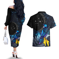 New Zealand Tui Bird Matariki Couples Matching Off The Shoulder Long Sleeve Dress and Hawaiian Shirt Galaxy Fern With Maori Pattern