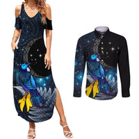 New Zealand Tui Bird Matariki Couples Matching Summer Maxi Dress and Long Sleeve Button Shirt Galaxy Fern With Maori Pattern LT03 Blue - Polynesian Pride