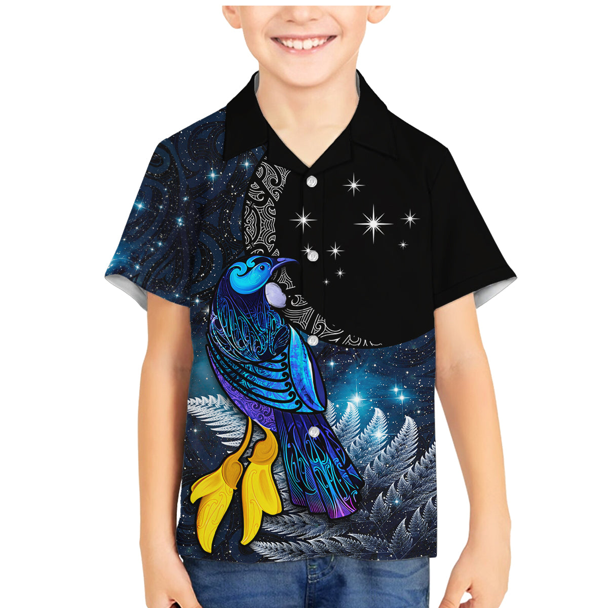 New Zealand Tui Bird Matariki Family Matching Mermaid Dress and Hawaiian Shirt Galaxy Fern With Maori Pattern LT03 Son's Shirt Blue - Polynesian Pride
