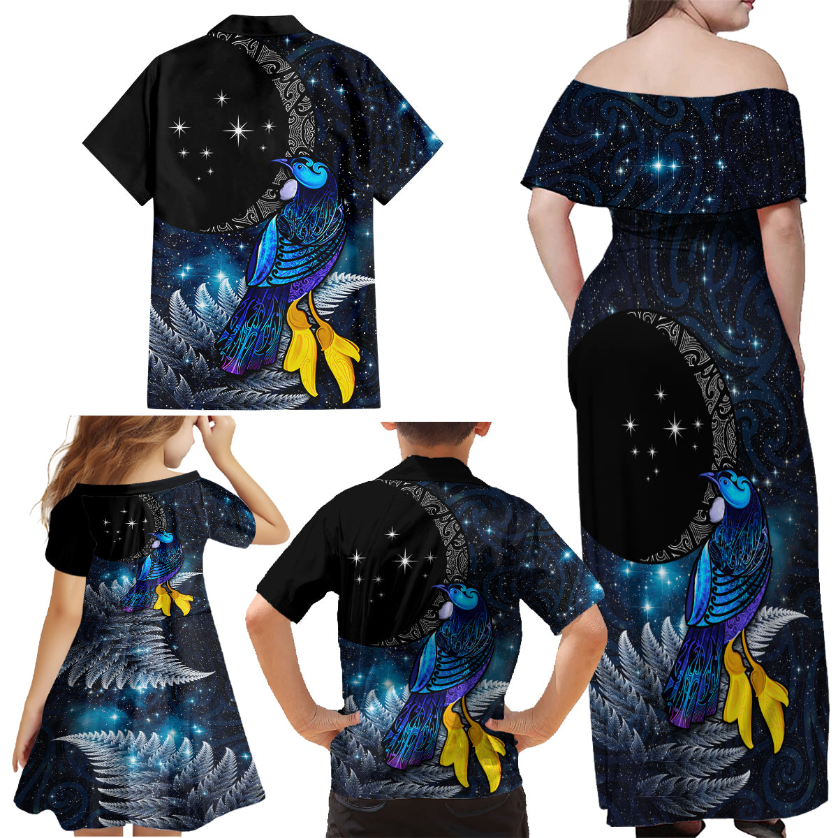 New Zealand Tui Bird Matariki Family Matching Off Shoulder Maxi Dress and Hawaiian Shirt Galaxy Fern With Maori Pattern LT03 - Polynesian Pride