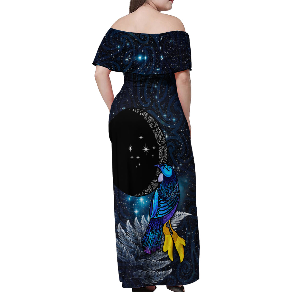 New Zealand Tui Bird Matariki Family Matching Off Shoulder Maxi Dress and Hawaiian Shirt Galaxy Fern With Maori Pattern LT03 - Polynesian Pride