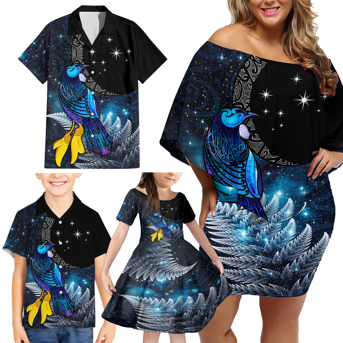 New Zealand Tui Bird Matariki Family Matching Off Shoulder Short Dress and Hawaiian Shirt Galaxy Fern With Maori Pattern LT03 - Polynesian Pride