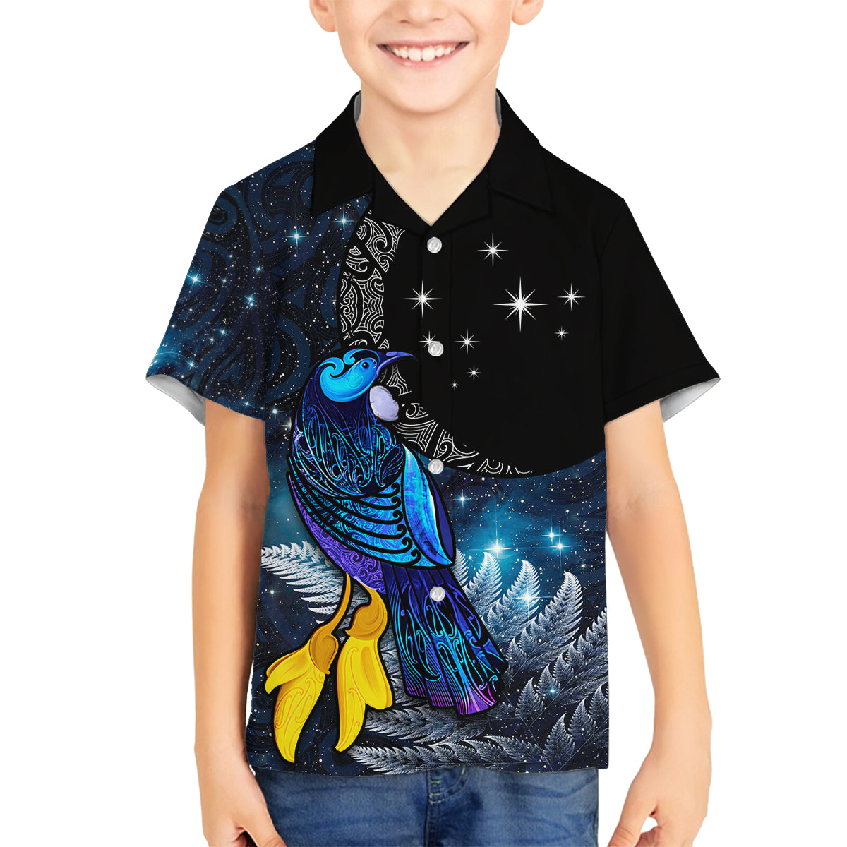 New Zealand Tui Bird Matariki Family Matching Off Shoulder Short Dress and Hawaiian Shirt Galaxy Fern With Maori Pattern LT03 Son's Shirt Blue - Polynesian Pride