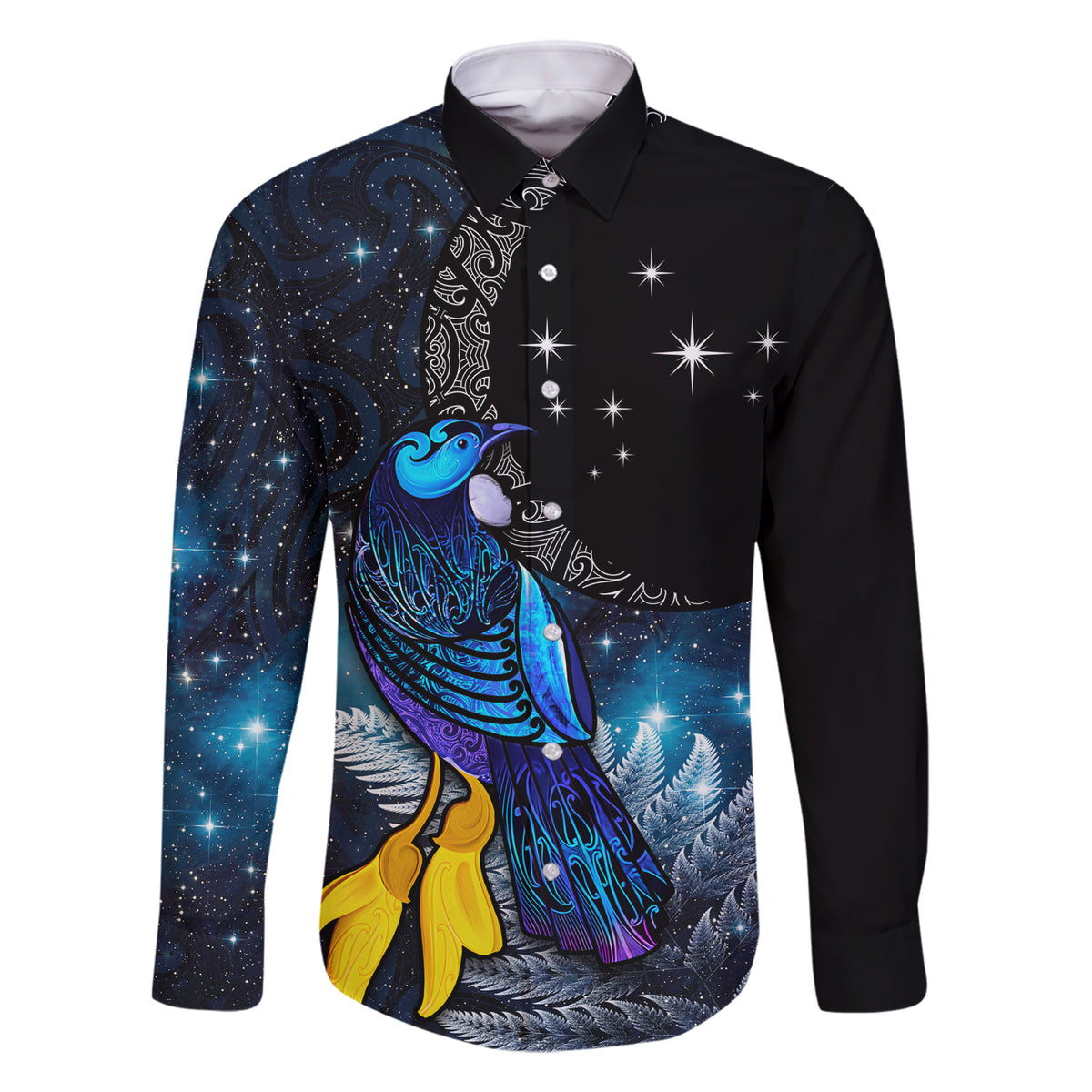 New Zealand Tui Bird Matariki Family Matching Short Sleeve Bodycon Dress and Hawaiian Shirt Galaxy Fern With Maori Pattern LT03 Dad's Shirt - Long Sleeve Blue - Polynesian Pride