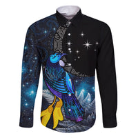 New Zealand Tui Bird Matariki Family Matching Short Sleeve Bodycon Dress and Hawaiian Shirt Galaxy Fern With Maori Pattern LT03 Dad's Shirt - Long Sleeve Blue - Polynesian Pride