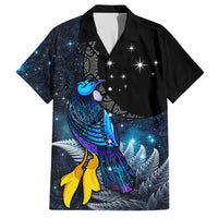New Zealand Tui Bird Matariki Family Matching Summer Maxi Dress and Hawaiian Shirt Galaxy Fern With Maori Pattern LT03 Dad's Shirt - Short Sleeve Blue - Polynesian Pride