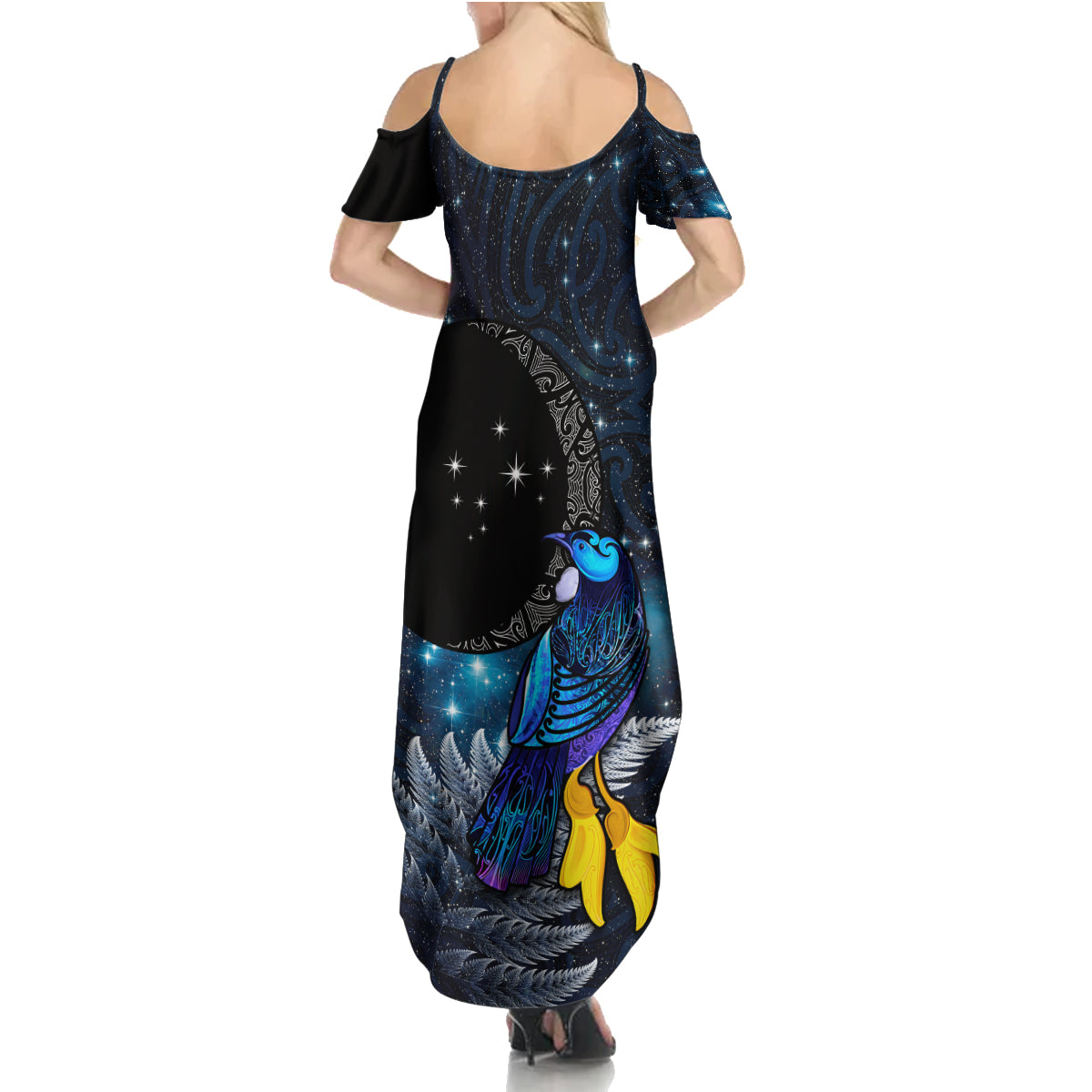 New Zealand Tui Bird Matariki Family Matching Summer Maxi Dress and Hawaiian Shirt Galaxy Fern With Maori Pattern LT03 - Polynesian Pride