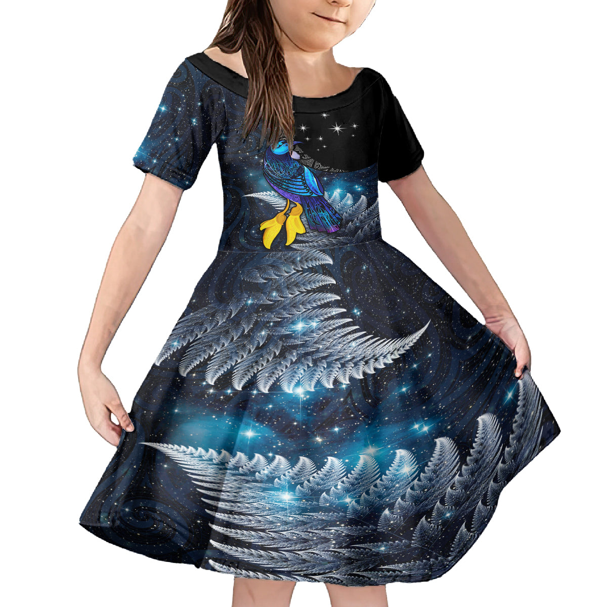 New Zealand Tui Bird Matariki Family Matching Tank Maxi Dress and Hawaiian Shirt Galaxy Fern With Maori Pattern LT03 Daughter's Dress Blue - Polynesian Pride