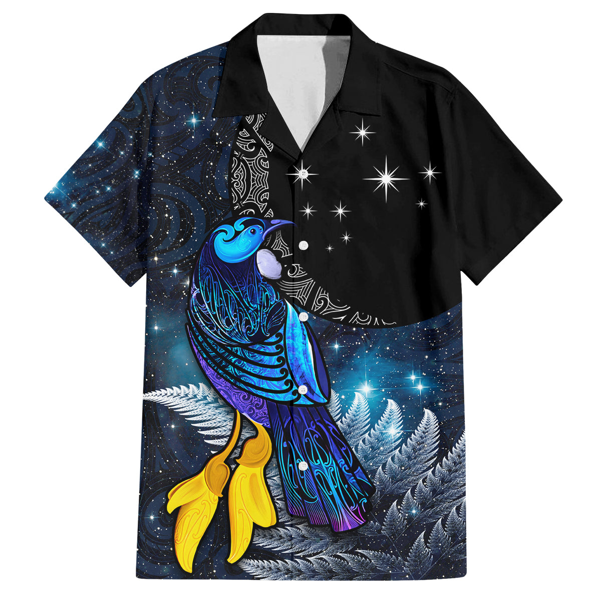 New Zealand Tui Bird Matariki Family Matching Tank Maxi Dress and Hawaiian Shirt Galaxy Fern With Maori Pattern LT03 Dad's Shirt - Short Sleeve Blue - Polynesian Pride
