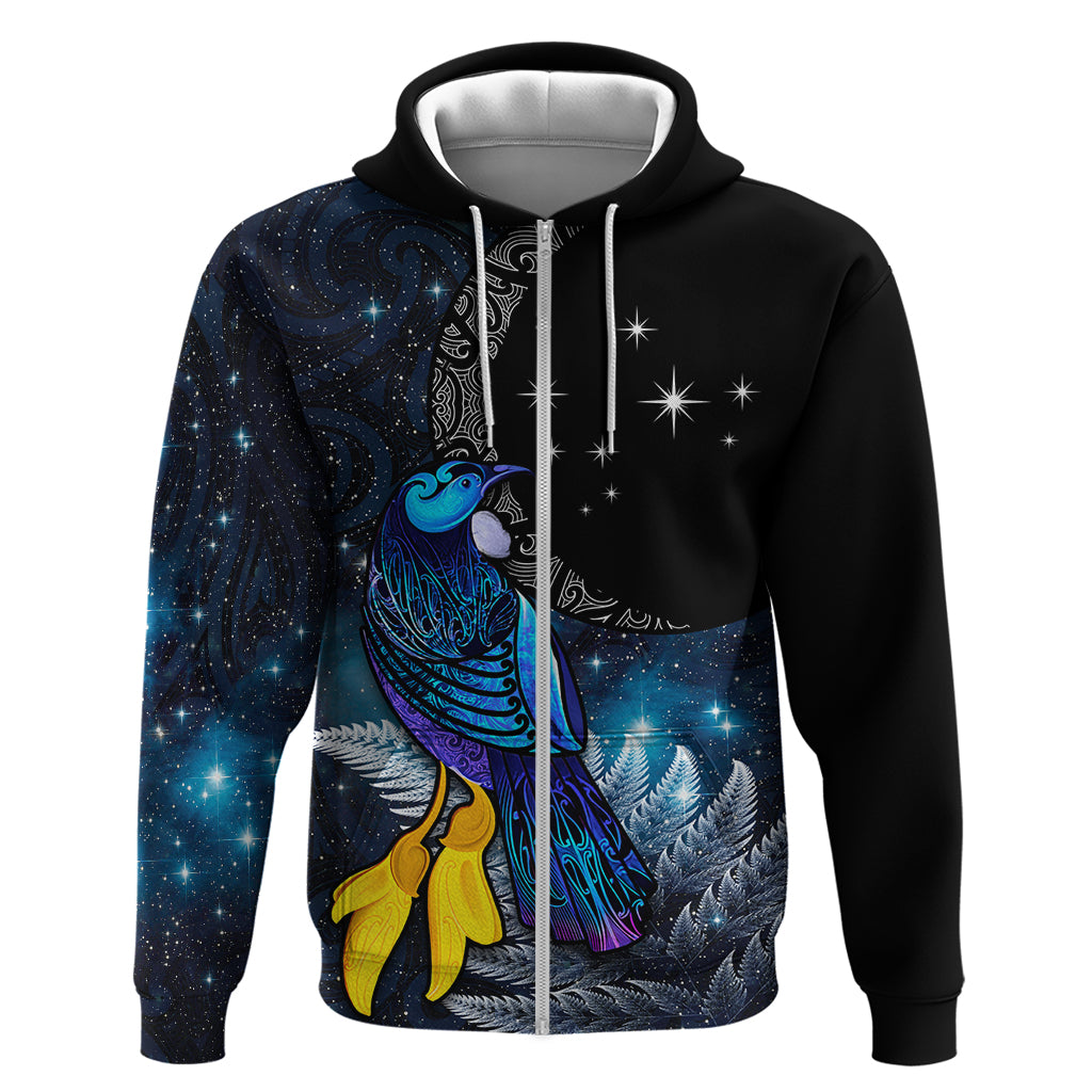 New Zealand Tui Bird Matariki Hoodie Galaxy Fern With Maori Pattern
