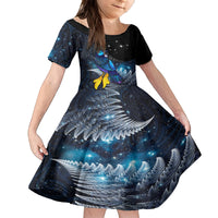 New Zealand Tui Bird Matariki Kid Short Sleeve Dress Galaxy Fern With Maori Pattern LT03 KID Blue - Polynesian Pride