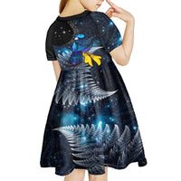 New Zealand Tui Bird Matariki Kid Short Sleeve Dress Galaxy Fern With Maori Pattern LT03 - Polynesian Pride