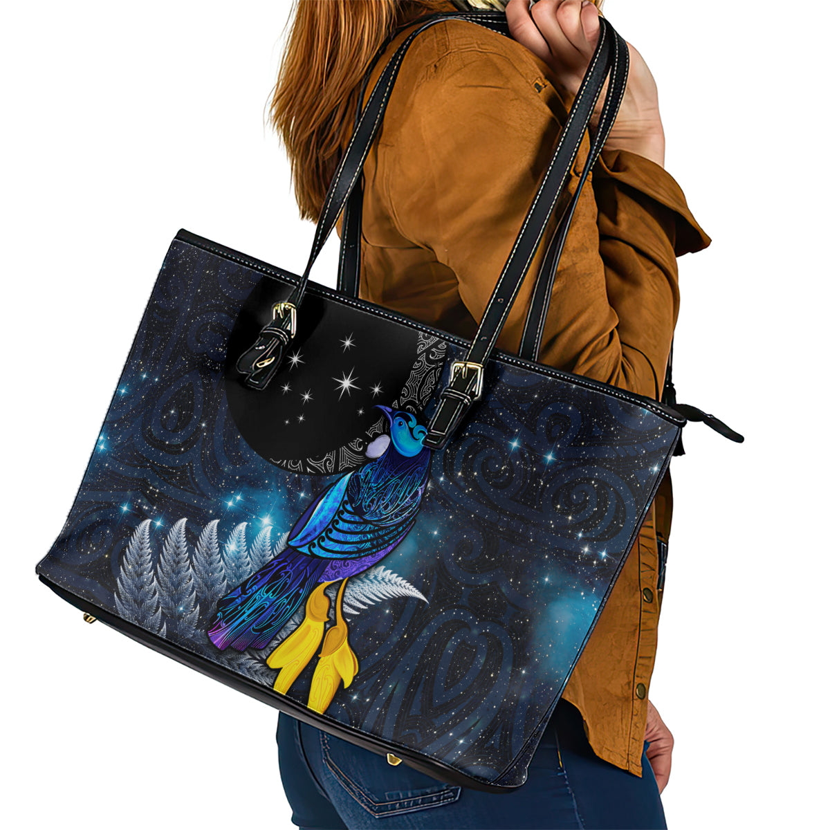 New Zealand Tui Bird Matariki Leather Tote Bag Galaxy Fern With Maori Pattern