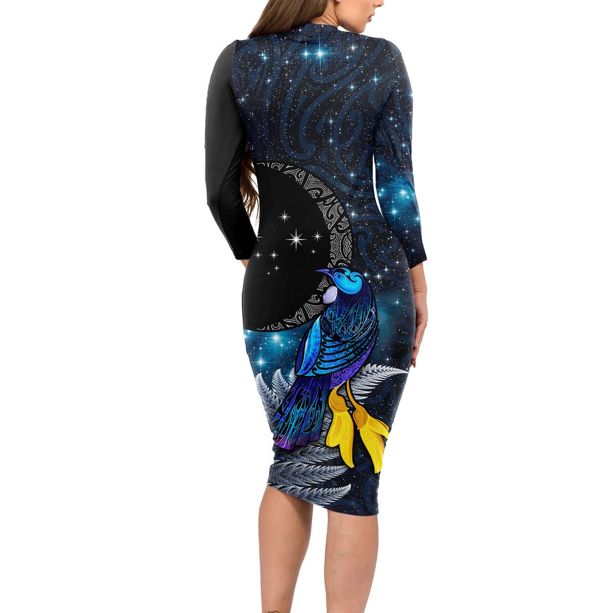 New Zealand Tui Bird Matariki Long Sleeve Bodycon Dress Galaxy Fern With Maori Pattern LT03 - Polynesian Pride