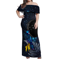 New Zealand Tui Bird Matariki Off Shoulder Maxi Dress Galaxy Fern With Maori Pattern LT03 Women Blue - Polynesian Pride