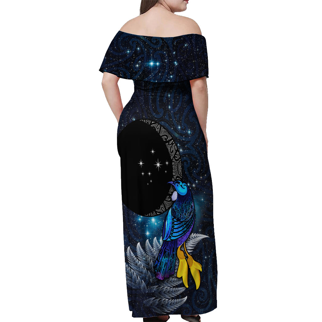 New Zealand Tui Bird Matariki Off Shoulder Maxi Dress Galaxy Fern With Maori Pattern LT03 - Polynesian Pride