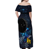 New Zealand Tui Bird Matariki Off Shoulder Maxi Dress Galaxy Fern With Maori Pattern LT03 - Polynesian Pride