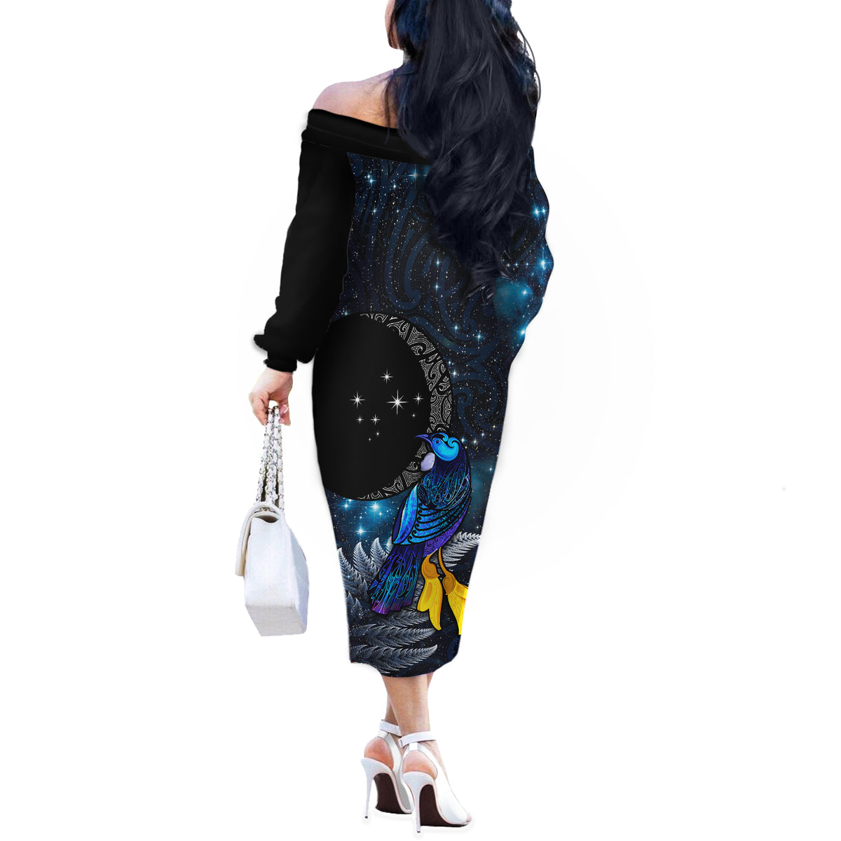 New Zealand Tui Bird Matariki Off The Shoulder Long Sleeve Dress Galaxy Fern With Maori Pattern LT03 - Polynesian Pride