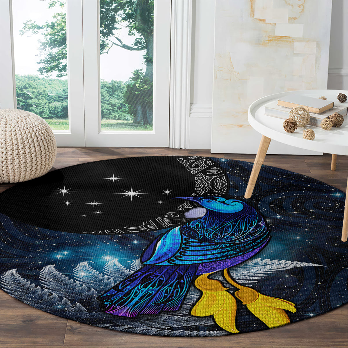 New Zealand Tui Bird Matariki Round Carpet Galaxy Fern With Maori Pattern