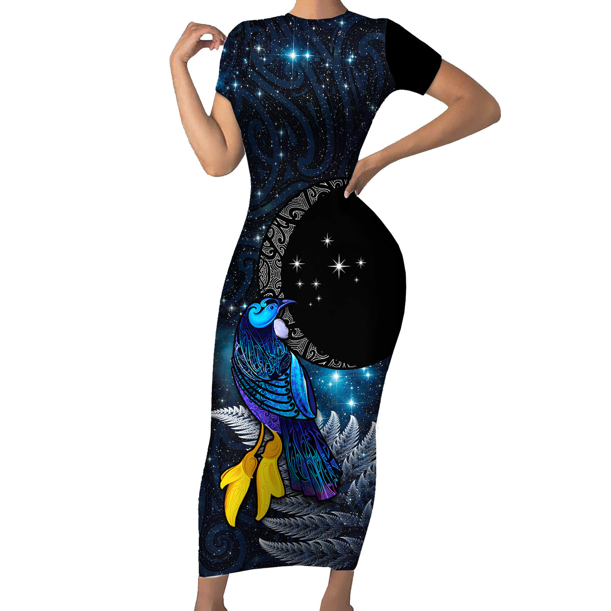 New Zealand Tui Bird Matariki Short Sleeve Bodycon Dress Galaxy Fern With Maori Pattern LT03 Long Dress Blue - Polynesian Pride