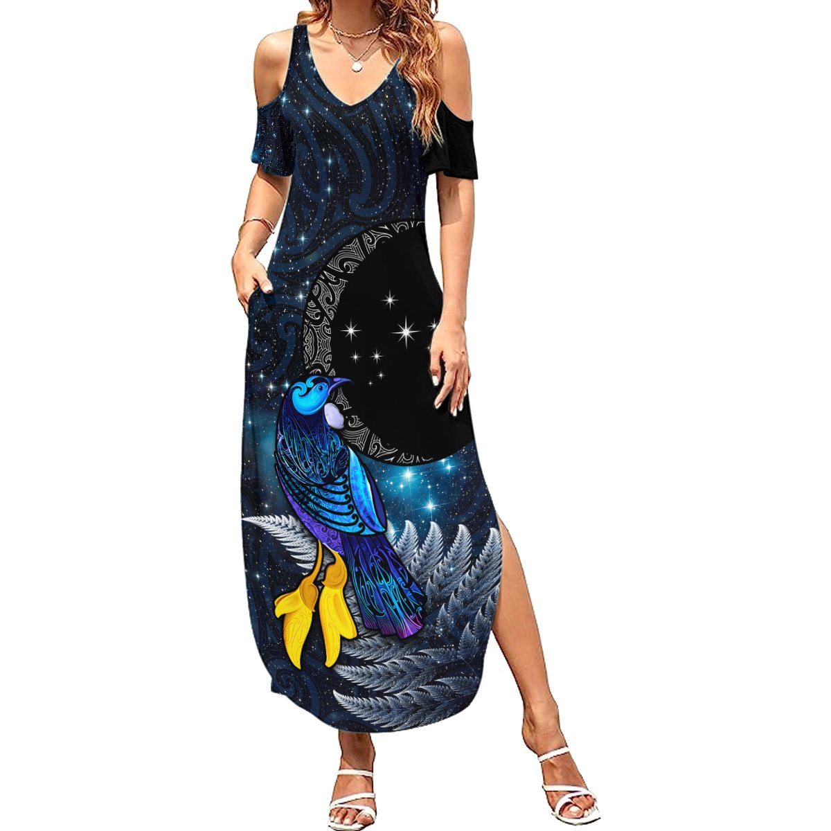 New Zealand Tui Bird Matariki Summer Maxi Dress Galaxy Fern With Maori Pattern LT03 Women Blue - Polynesian Pride