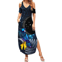New Zealand Tui Bird Matariki Summer Maxi Dress Galaxy Fern With Maori Pattern LT03 Women Blue - Polynesian Pride