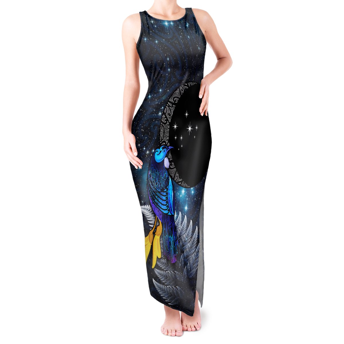 New Zealand Tui Bird Matariki Tank Maxi Dress Galaxy Fern With Maori Pattern LT03 Women Blue - Polynesian Pride