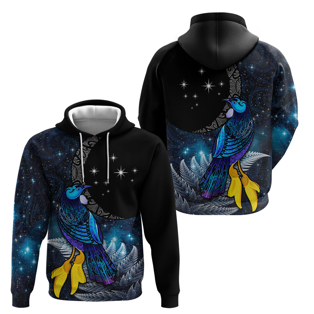 New Zealand Tui Bird Matariki Zip Hoodie Galaxy Fern With Maori Pattern