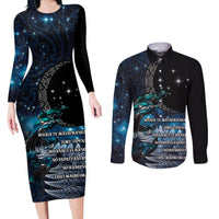 New Zealand Tui Bird Couples Matching Long Sleeve Bodycon Dress and Long Sleeve Button Shirt Matariki Poetry Pattern Galaxy Style LT03 Blue - Polynesian Pride