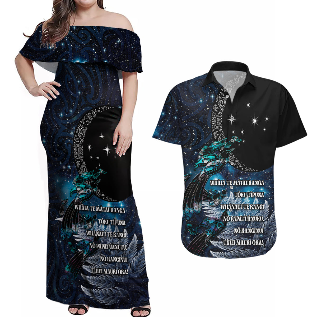 New Zealand Tui Bird Couples Matching Off Shoulder Maxi Dress and Hawaiian Shirt Matariki Poetry Pattern Galaxy Style LT03 Blue - Polynesian Pride