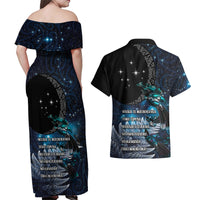 New Zealand Tui Bird Couples Matching Off Shoulder Maxi Dress and Hawaiian Shirt Matariki Poetry Pattern Galaxy Style LT03 - Polynesian Pride