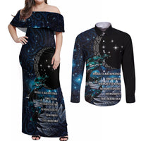 New Zealand Tui Bird Couples Matching Off Shoulder Maxi Dress and Long Sleeve Button Shirt Matariki Poetry Pattern Galaxy Style LT03 Blue - Polynesian Pride
