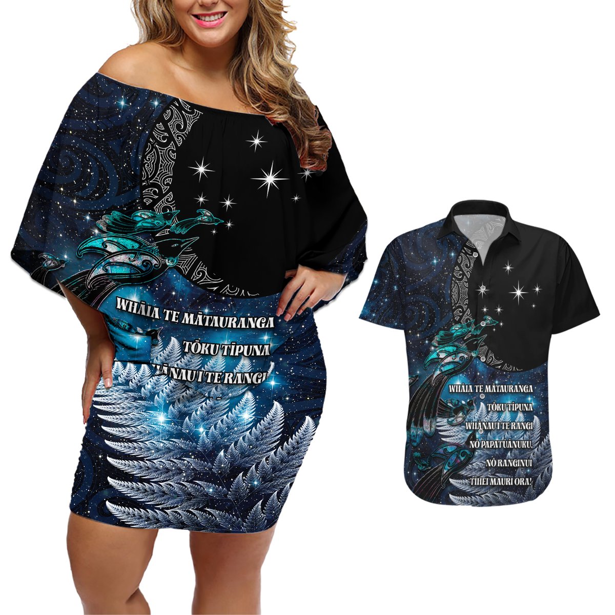 New Zealand Tui Bird Couples Matching Off Shoulder Short Dress and Hawaiian Shirt Matariki Poetry Pattern Galaxy Style LT03 Blue - Polynesian Pride