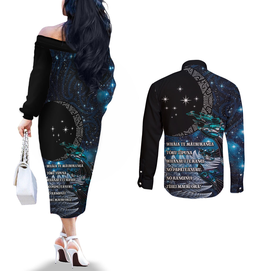 New Zealand Tui Bird Couples Matching Off The Shoulder Long Sleeve Dress and Long Sleeve Button Shirt Matariki Poetry Pattern Galaxy Style LT03 - Polynesian Pride