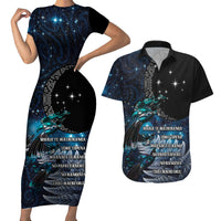 New Zealand Tui Bird Couples Matching Short Sleeve Bodycon Dress and Hawaiian Shirt Matariki Poetry Pattern Galaxy Style